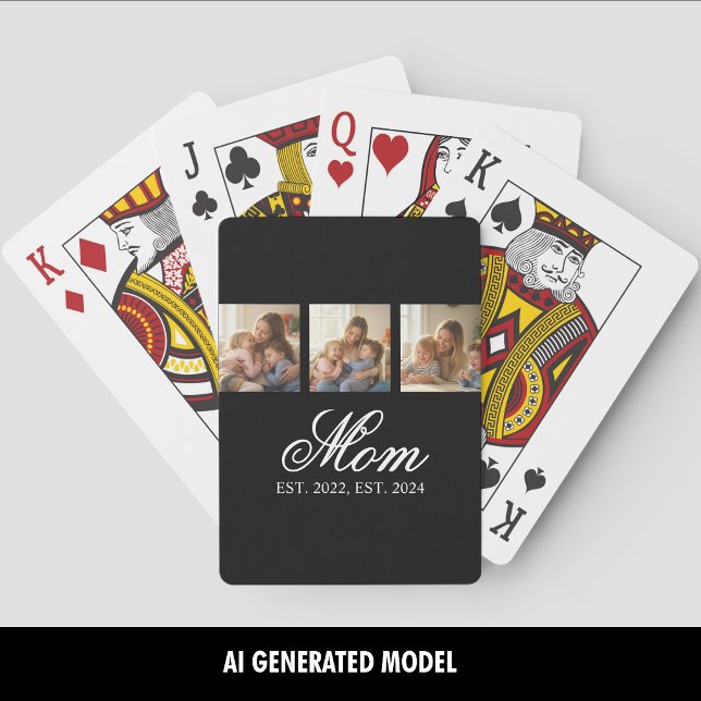 Mamma etablerade tre foto familjeminnen casinokort (Mom Established Black Elegant Script 3 Photo iPhone Case)