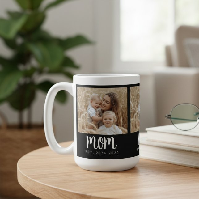 Mamma Etablerat skript, svart 3-foto Kaffemugg (modern trendy 3 photo mom established dates mug for unique heartfelt mother's day christmas gifts)