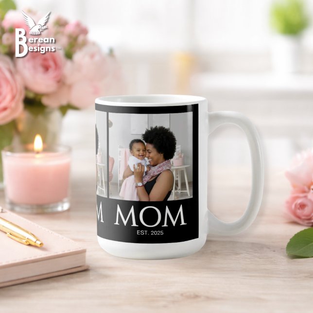 Mamma Etablished Classic Caps Svart Foto Kaffemugg (MOM ESTABLISHED 3 Photo Mug with customizable photo and year. Ideal gift for Mother's Day. )
