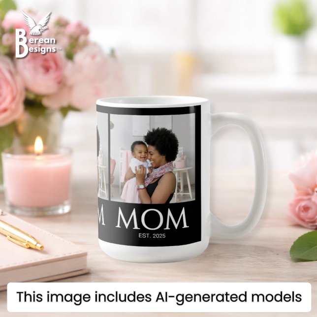 Mamma Etablished Classic Caps Svart Foto Kaffemugg (MOM ESTABLISHED 3 Photo Mug with customizable photo and year. Ideal gift for Mother's Day. )