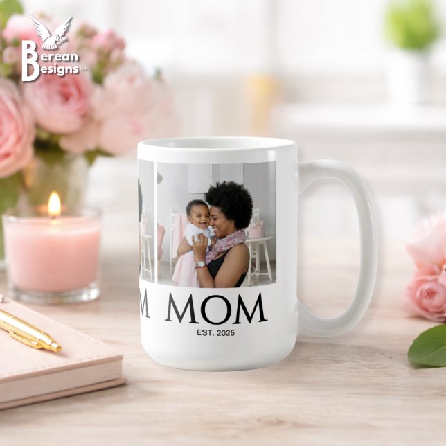Mamma Etablished Classic Caps Vita Foto Kaffemugg (MOM ESTABLISHED Photo Mug with customizable photos and year. Ideal gift for Mother's Day. )