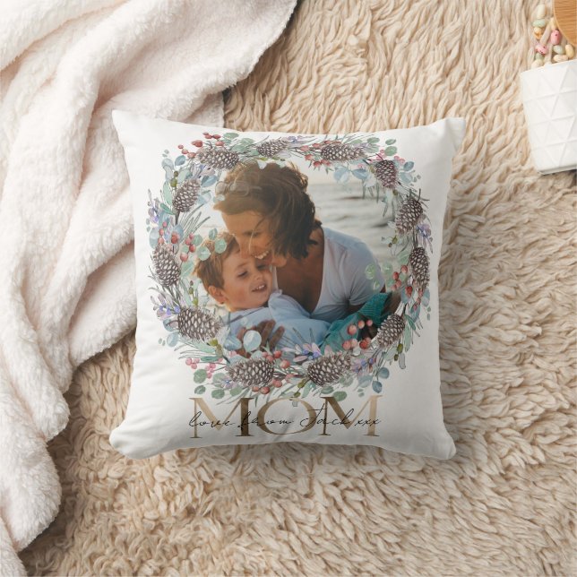 Mamma Faux Guld Typography Botaniska julen Kudde (Filt)