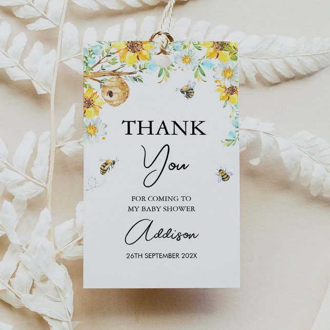 Mamma för Blommigt av blå Gult till Bebisdusch Presentetikett (Boys Mommy-To-Bee Bee Themed Baby Shower Thank You Tag, Floral Bumble Bee Baby Shower Favor Tag)