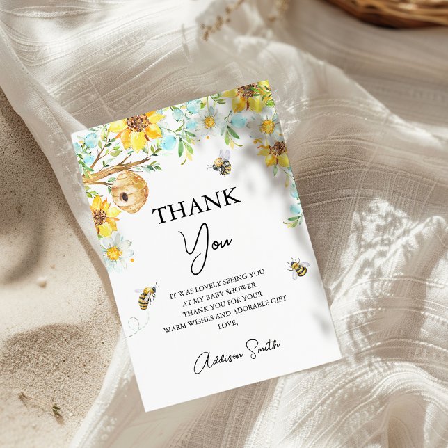 Mamma för Blommigt av blå Gult till Bebisdusch Tack Kort (Boys Mommy-To-Bee Bee Themed Baby Shower Thank You Card, Floral Bumble Bee baby Shower Thank You)