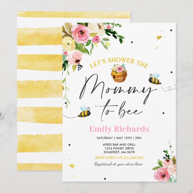 Mamma för inbjudan till Blommigten Bee Baby Shower (Fram/baksida)