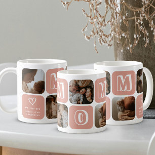 Mamma Fotokollage Rosa och Vitt Hjarta Familj Kaffemugg