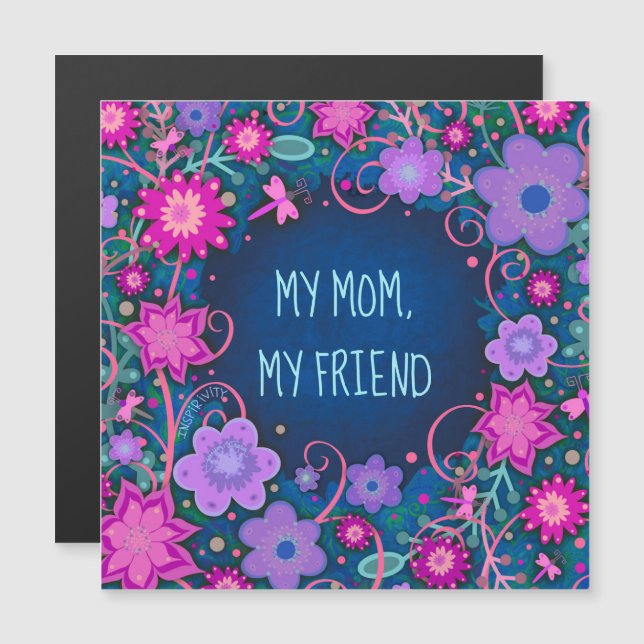 Mamma Friend Söt Blommigt Heart Blue Magnetic Card (Fram/baksida)