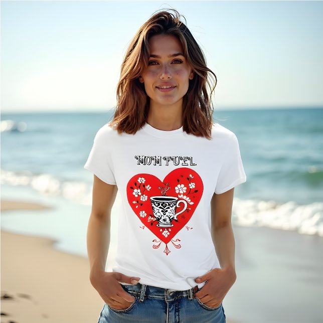 Mamma Fuel - Folk Art Red Heart med kaffe Kopp T Shirt (Mo.Fuel Folf Art style Red Heard with Coffee Cup ,T-Shirt.   Honor motherhood.)