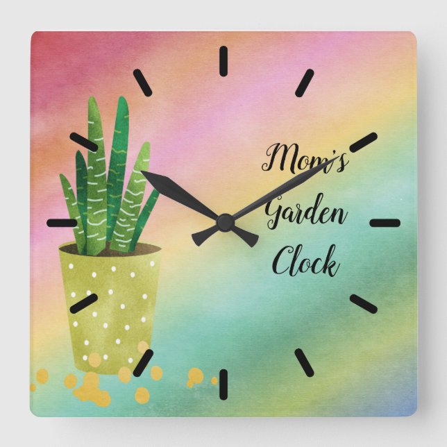 Mamma Garden Clock med Poted Plant Fyrkantig Klocka (Framsida)