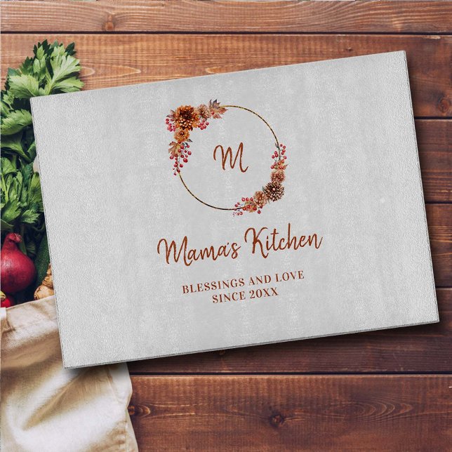 Mamma Gift Thanksgiving Harvest Guld Wandeans Mono (thanksgiving decor mom gift personalized glass cutting board mum gold wreath blessings love harvest)