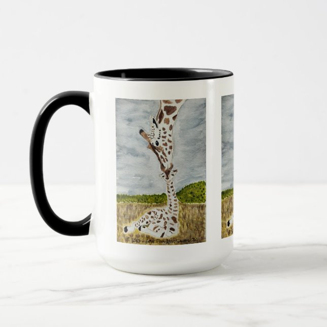 Mamma Giraffe Kissing Calf Original Art Mugg (Vänster)