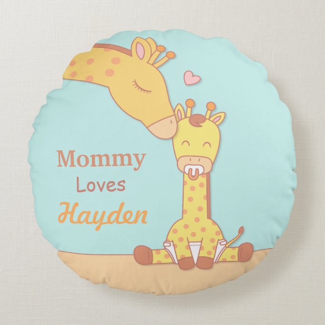 Mamma Giraffe och Baby Calf Nursery Room Decor Rund Kudde (Framsidan)