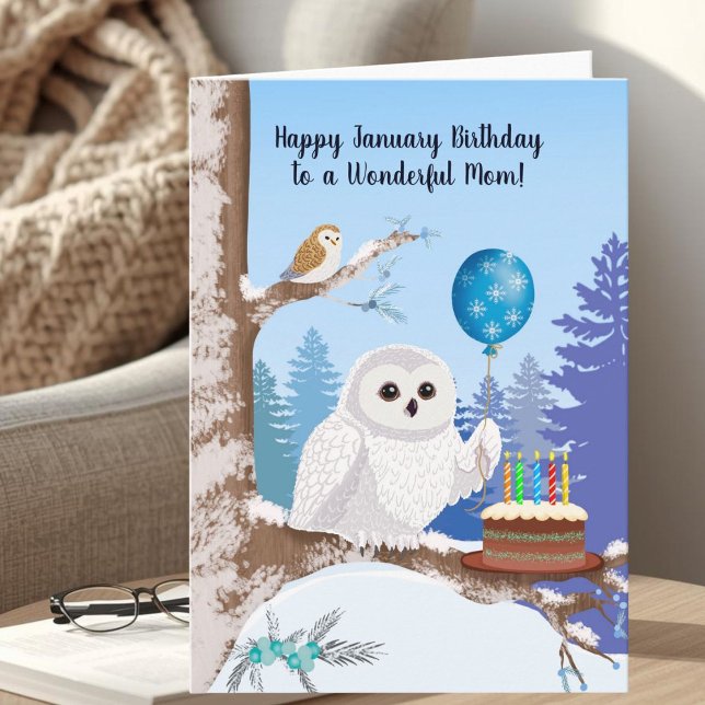 Mamma Glad Januari Födelsedag Snöig Uggla Kort (Skapare uppladdad)
