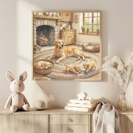 Mamma Golden Retriever och Valpar Barnkammare Poster