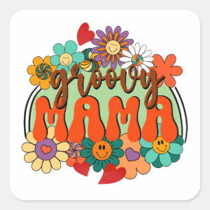 Mamma Groovy Blommigt Fyrkantigt Klistermärke