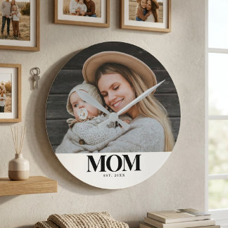 Mamma Grundad Svart Typografi Foto Gåva Rund Klocka