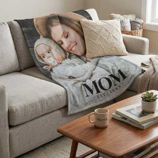 Mamma Grundad Svart Typografi Foto Present Fleecefilt