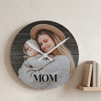 Mamma Grundade Svart Typografi Foto Gåva Rund Klocka
