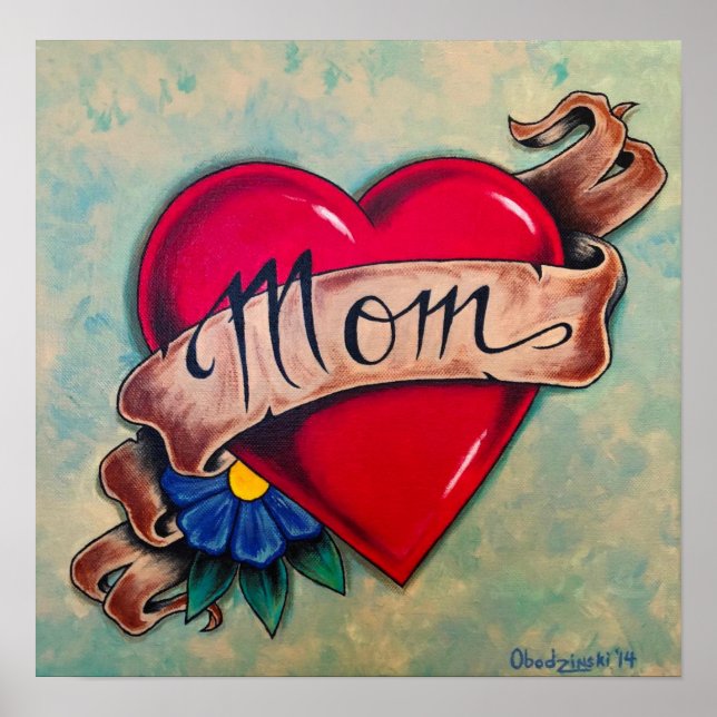 "Mamma" Hearts Tattoo Stil Art Poster Skriv ut (Framsidan)
