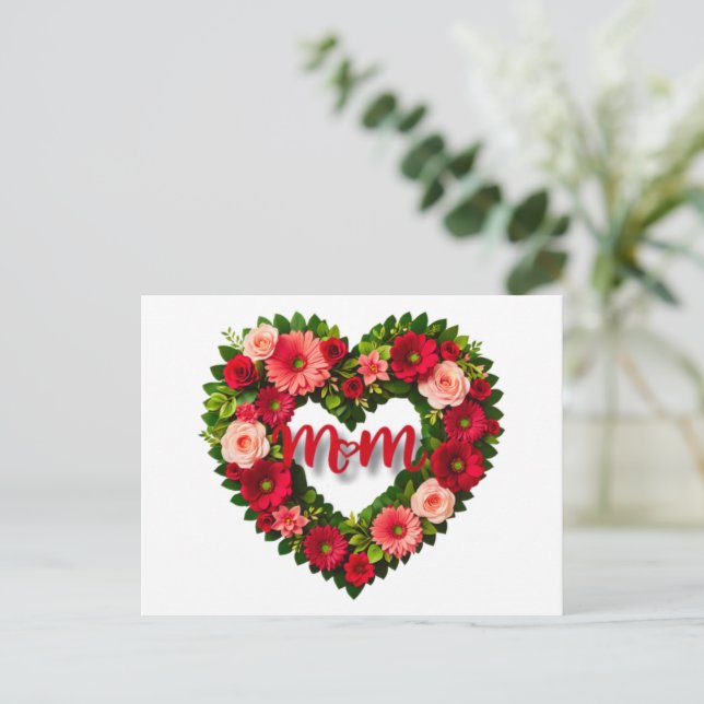 "Mamma" Hjärtsformad krans av blommor Vykort (Stående Fram)