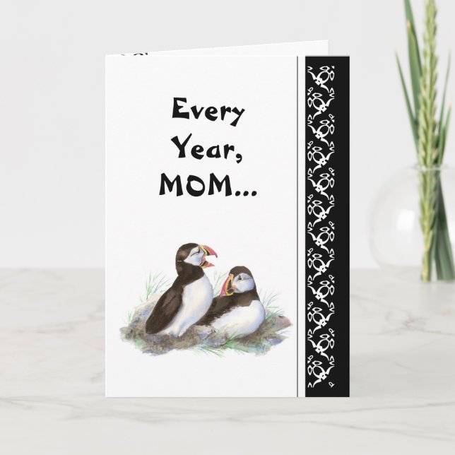 Mamma Humor och Kärlek födelsedag, Puffins. Fågel Kort (Framsida)