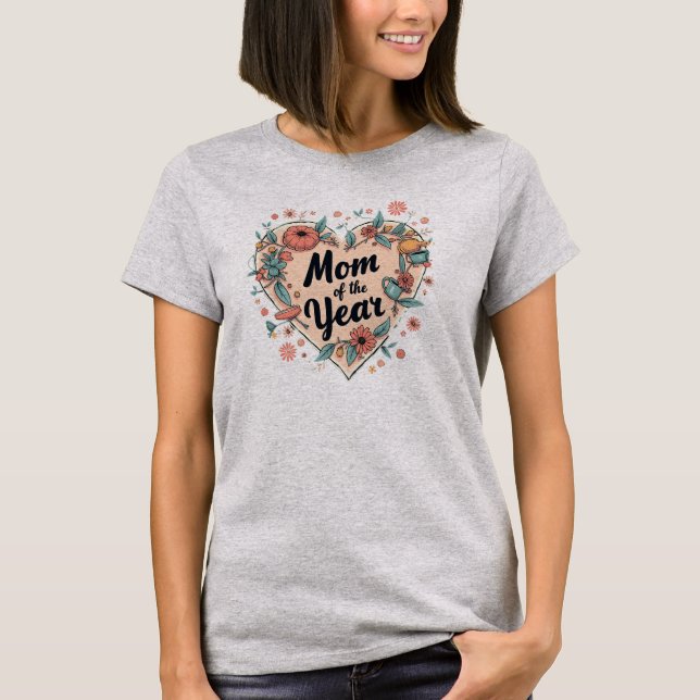 Mamma i årets Blommigt Heart Design T Shirt (Framsida)