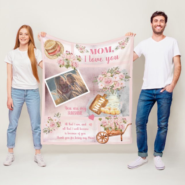 Mamma I Kärlek You Photo Rosa Blommigt | Skripttex Fleecefilt (På plats)