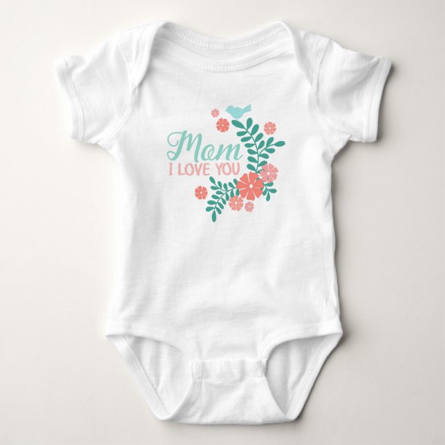 Mamma jag älskar dig text, blå fågel, rosa blommor t shirt (Framsida)