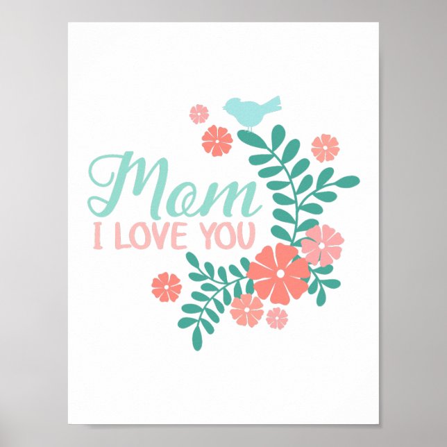 Mamma jag älskar dig text, rosa blommor, blå fågla poster (Framsidan)