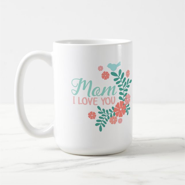 Mamma jag älskar dig text, rosa och blå blommig de kaffemugg (Vänster)
