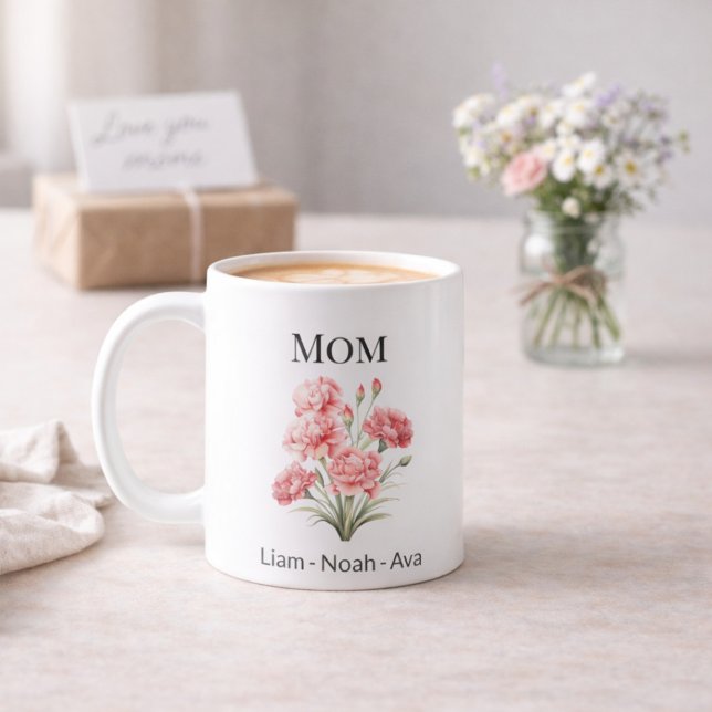 Mamma januari födelsemånadsblomma med barnens namn kaffemugg (Skapare uppladdad)
