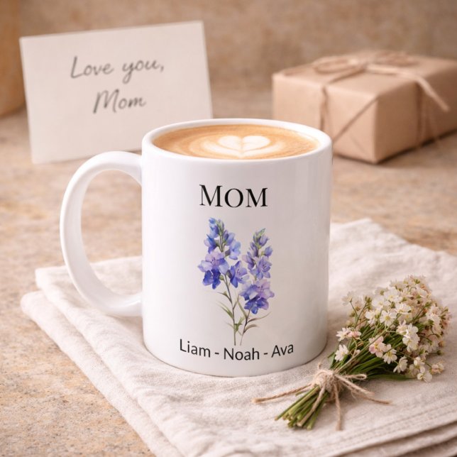 Mamma juli födelsedagsblomma med barns namn kaffemugg (Skapare uppladdad)