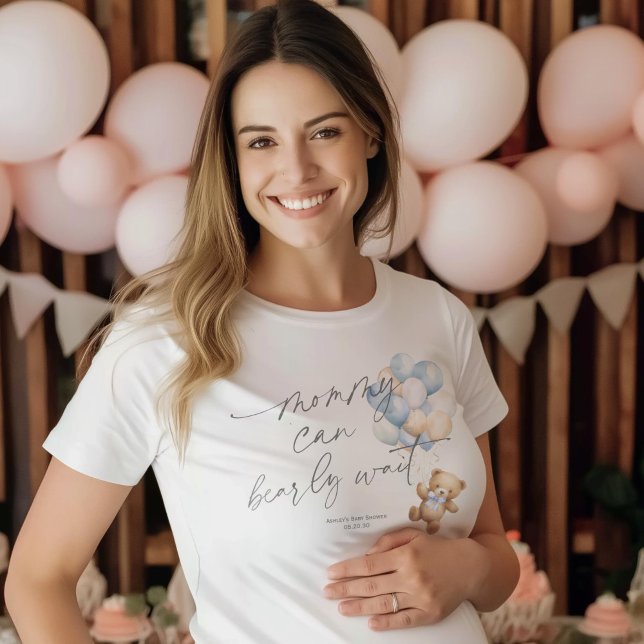 Mamma kan vänta, blått Pojke-dusch T Shirt (Blue, Mommy can bearly wait, Baby Blue shower mom-to-be t-shirt)
