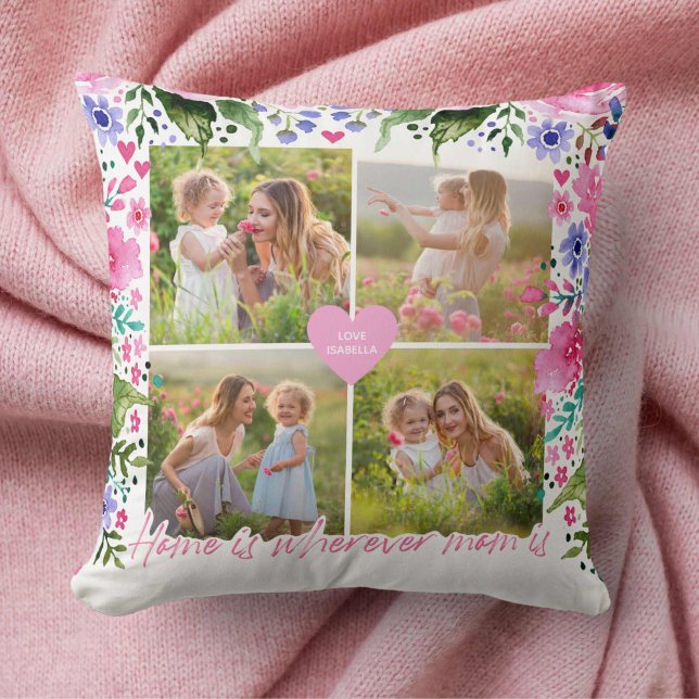 Mamma Keepsaké Photo Gift Watercolor Blommigt Kudde (Mom Keepsake Photo Gift Watercolor Floral Throw Pillow)
