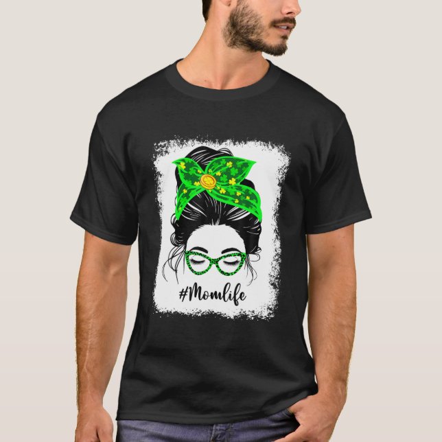 Mamma Klöver Messy Bun Leopard Shamrock St Patrick T Shirt (Framsida)