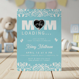Mamma laddar ultraljudsfoto blå baby shower inbjudningar