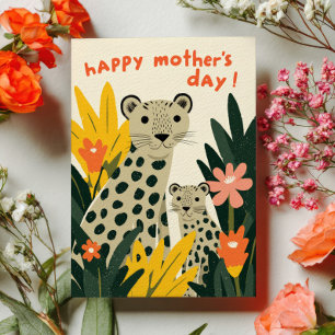 Mamma Leopard med unge Blommig Glad mors dag Helgkort