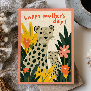 Mamma Leopard med unge Blommig Glad mors dag Vykort