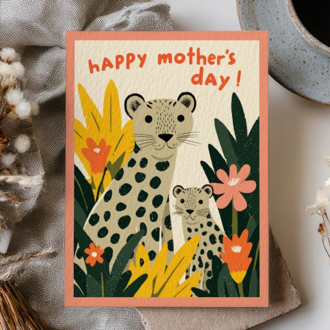 Mamma Leopard med unge Blommig Glad mors dag Vykort (Skapare uppladdad)
