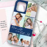 Mamma Life är Best Life 5 Photo Collage Blue<br><div class="desc">Anpassningsbar 5-foto iphone case som skrivits med Mamma Life är det bästa livet (redigerbart för Morsa, Mamma, mamma, Mamma etc.). Designen innehåller en personlig, figursättning runt, fotokollage med 5 av bilder som du föredrar, som visas som 1 lodrät porträtt och 4 kvadratinstagram. Designen har en blå bakgrund med handskriven skripttypografi...</div>