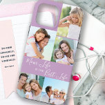 Mamma Life är Best Life 5 Photo Collage Lilac<br><div class="desc">Anpassningsbar 5-foto iphone case som skrivits med Mamma Life är det bästa livet (redigerbart för Morsa, Mamma, mamma, Mamma etc.). Designen innehåller en personlig, figursättning runt, fotokollage med 5 av bilder som du föredrar, som visas som 1 lodrät porträtt och 4 kvadratinstagram. Designen har en lilac-bakgrund med handskriven skripttypografi i...</div>