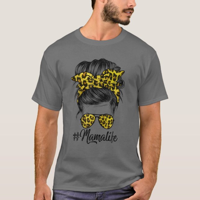 Mamma Life Messy Hair Bun Leopard Mor Da T Shirt (Framsida)