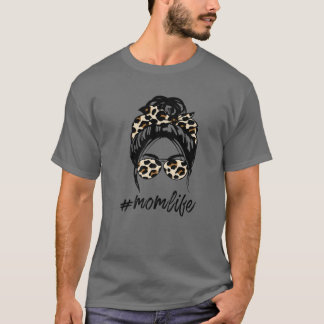 Mamma Life Messy Hair Bun Leopard Skriv ut Kvinnor T Shirt