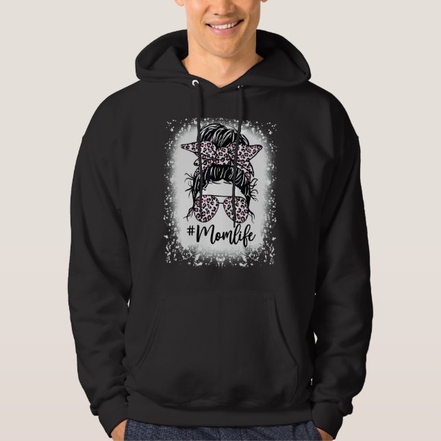 Mamma Life Rosa Leopard Messy Bun Bleached Mammor  Hoodie (Framsida)