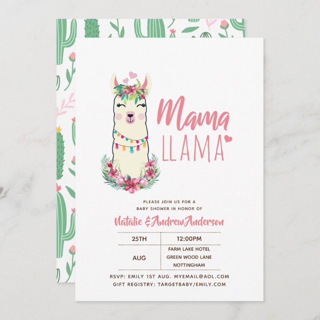 Mamma Llama Baby Shower Fiesta Cacti Cute Girls Inbjudningar (Fram/baksida)