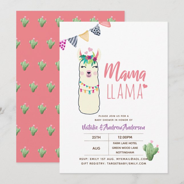 Mamma Llama Baby Shower Fiesta Cacti Cute Girls Inbjudningar (Fram/baksida)