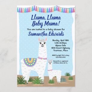 Mamma Llama och Baby blue Polka Dot Baby Shower Inbjudningar