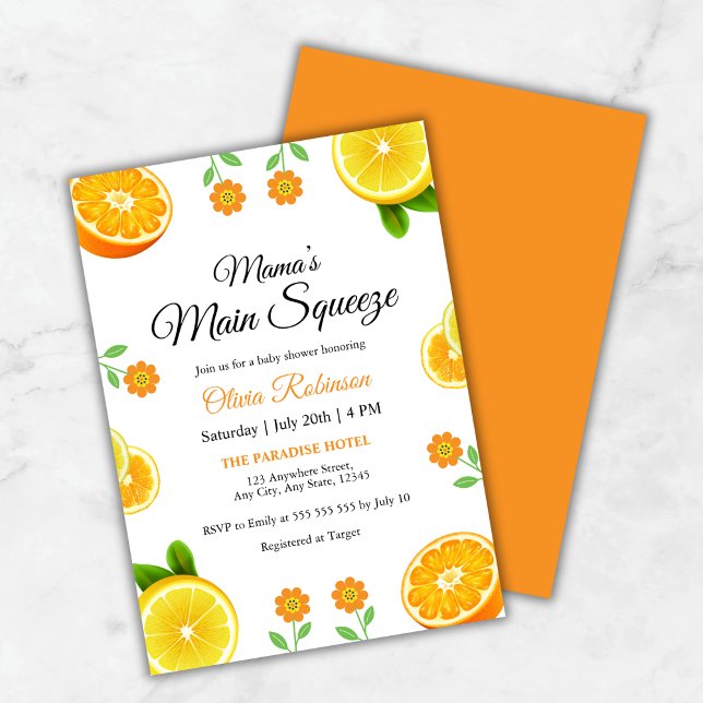 Mamma Main Squeeze Orange Citrus Baby Shower Inbjudningar (Mama's Main Squeeze Orange Citrus Baby Shower Invitation )