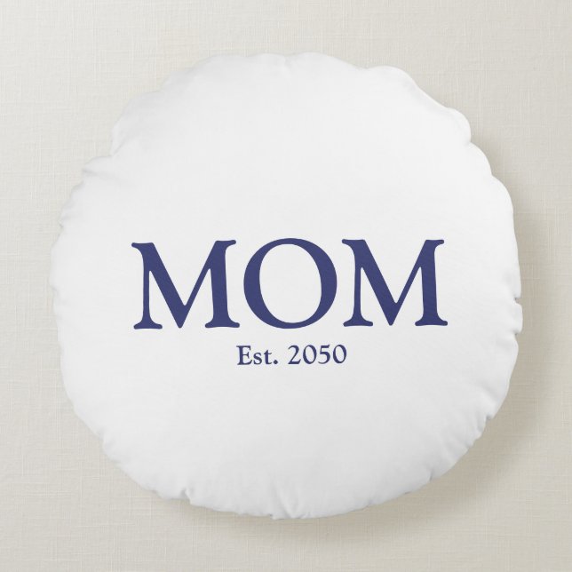 Mamma marinblåvit anpassningsbar fastställt datum  rund kudde (Framsidan)