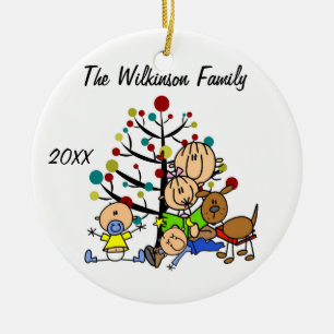 Mamma med flicka, 2 Pojke, Hund Ornament